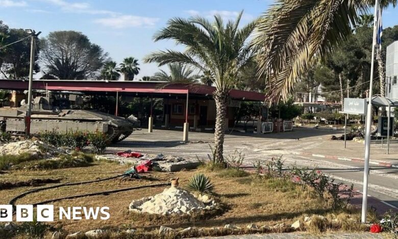 Israel Defense Forces (IDF) handout photo showing Israeli tanks at the Palestinian side of the Rafah crossing between Gaza and Egypt (7 May 2024)