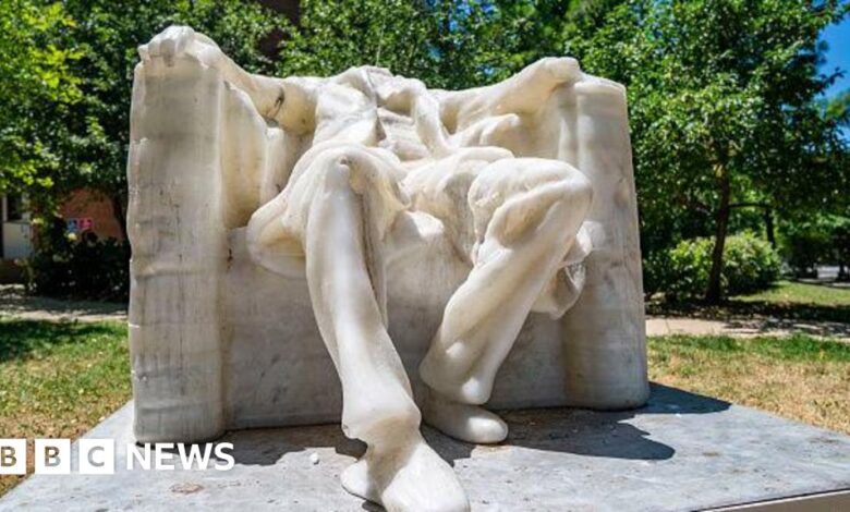 DC heat melts the head of a wax replica of Abraham Lincoln