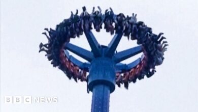 People hang upside down while on amusement park rides