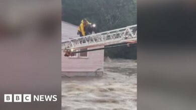 Firefighters crawl over ladders over floodwaters to rescue woman