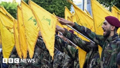 A masked demonstrator waves a flag of the Lebanese Shiite movement Hezbollah during a demonstration