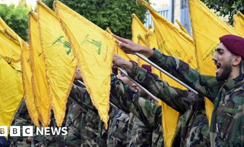 A masked demonstrator waves a flag of the Lebanese Shiite movement Hezbollah during a demonstration