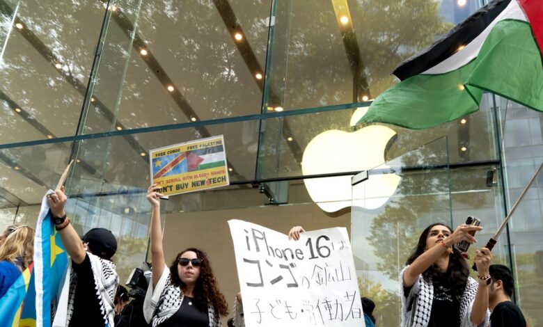 Protesters flock to Apple stores around the world on iPhone 16 launch day