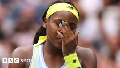 Coco Gauff looks dejected during her fourth-round US Open defeat against Emma Navarro