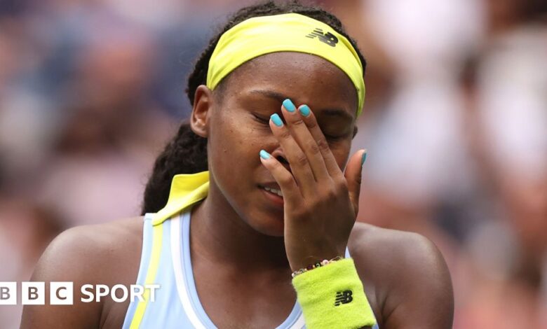 Coco Gauff looks dejected during her fourth-round US Open defeat against Emma Navarro