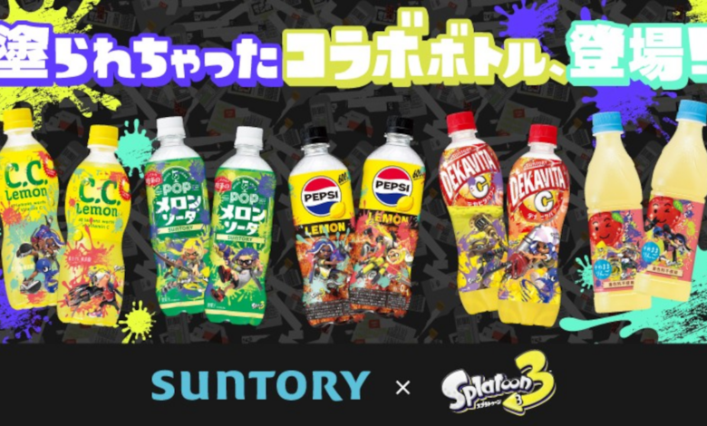 Splatoon 3 branded Suntory drink bottles including Pepsi