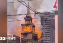 The tower fell as the historic San Francisco Cathedral was destroyed by fire