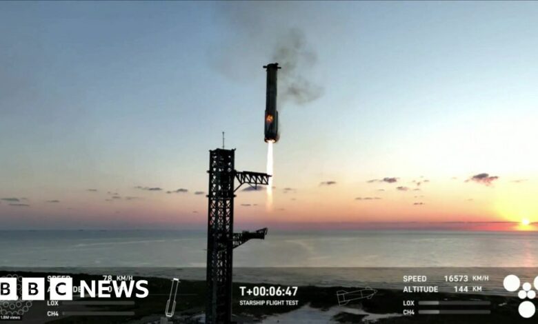 SpaceX Starship booster stuck in mid-air