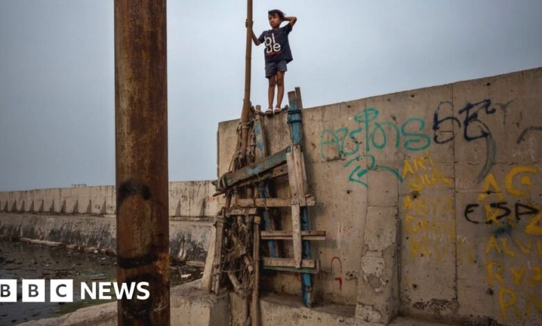 A boy walks on the newly built sea wall that protects Jakarta from the rising sea levels