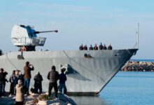 The Italian navy ship Libra arrives at the port of Shengjin, Albania, on Friday, with the second group of migrants