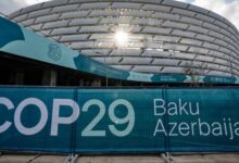 An installation with the COP29 logo is on display near the venue of the United Nations Climate Change Conference COP29 in Baku, Azerbaijan