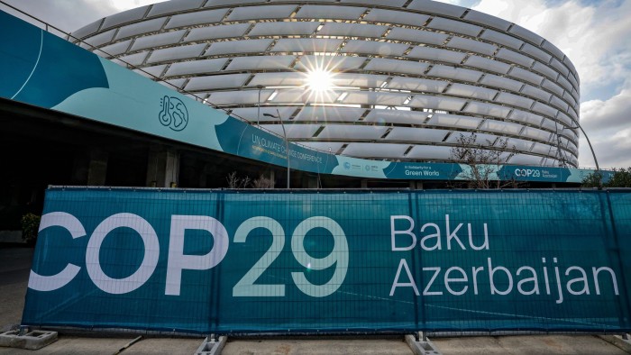 An installation with the COP29 logo is on display near the venue of the United Nations Climate Change Conference COP29 in Baku, Azerbaijan