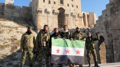 Rebel fighters pose for a photo in front of Aleppo’s citadel