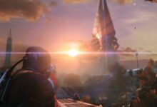 Screenshot of Mass Effect, Shepherd stares at a Reaper taking off.